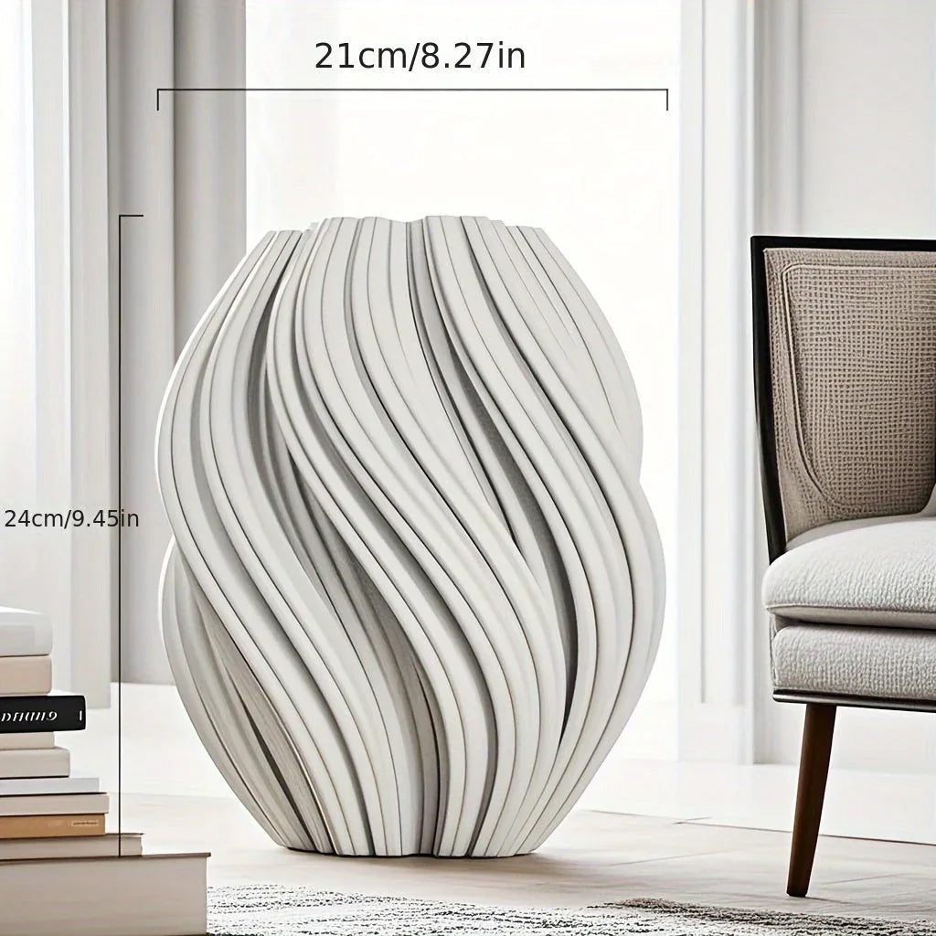Ceramic Vase with Geometric Ribbed Design, White 3d Printed Decorative Flower Vase, lifestyle image - House Of Avana [[SKU:HOA-VAS-008]]