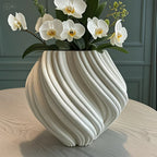 Ceramic Vase with Geometric Ribbed Design, White 3d Printed Decorative Flower Vase, front view - House Of Avana