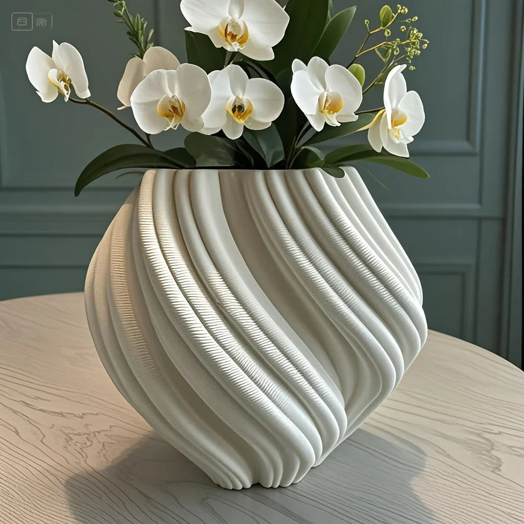 Ceramic Vase with Geometric Ribbed Design, White 3d Printed Decorative Flower Vase, front view - House Of Avana