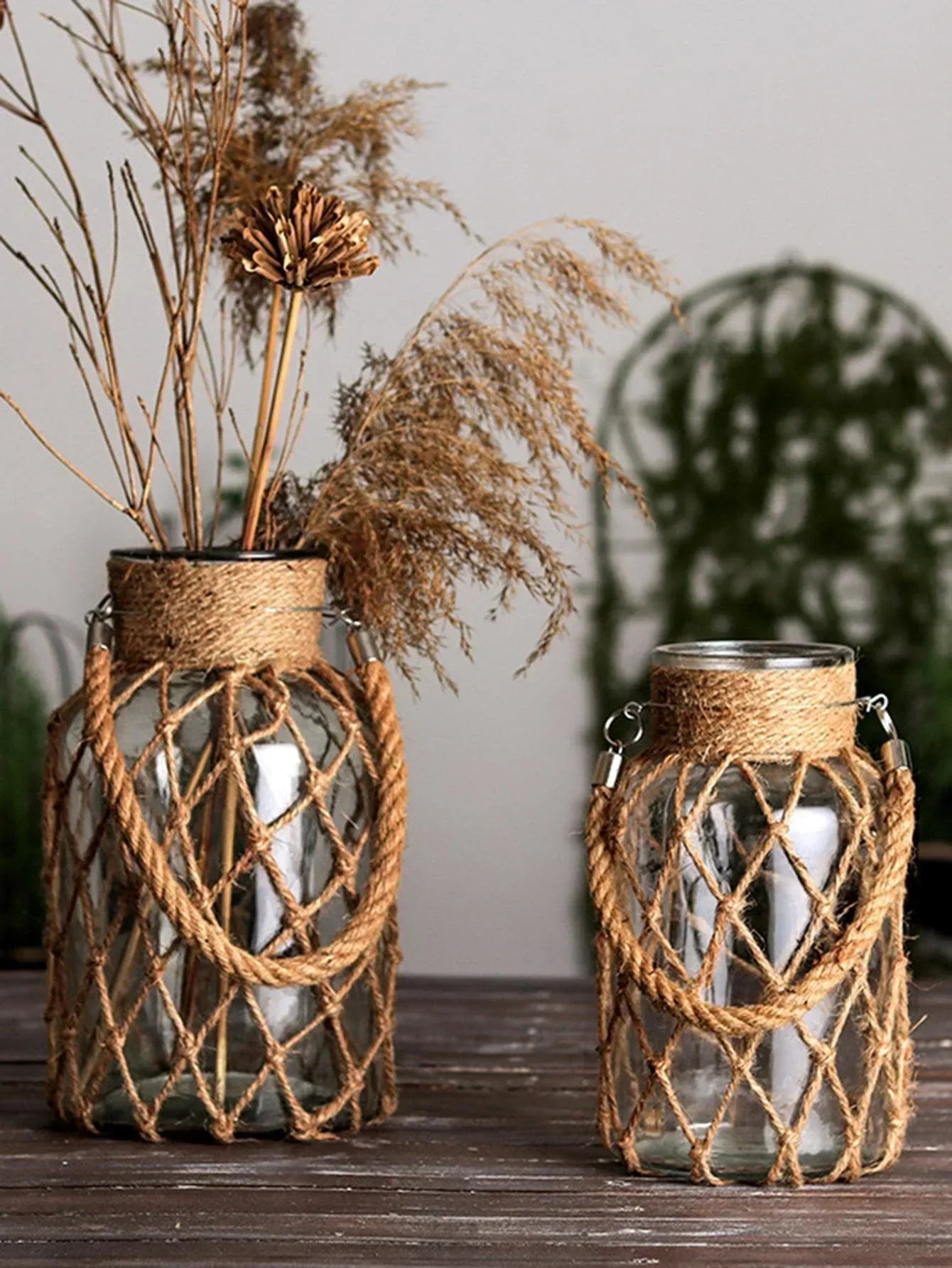 Hemp Glass Vase with Hand Woven Rope Detail, front view - House Of Avana