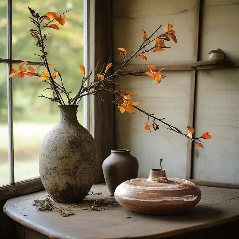 Ceramic Japanese Vase - Minimalist Beige/brown/white Flower Pot for Home Decor, lifestyle image - House Of Avana [[SKU:HOA-VAS-006]]