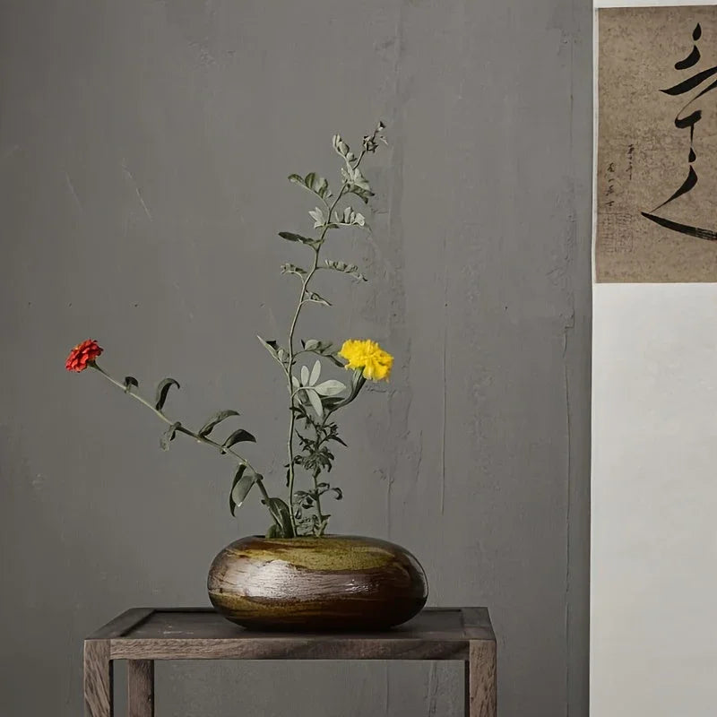 Ceramic Japanese Vase - Minimalist Beige/brown/white Flower Pot for Home Decor, angled view - House Of Avana
