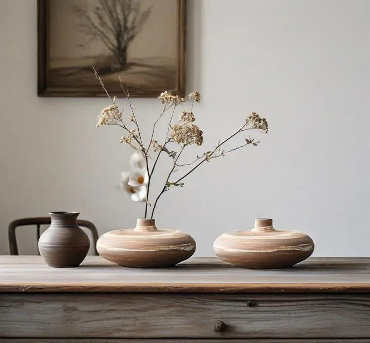 Ceramic Japanese Vase - Minimalist Beige/brown/white Flower Pot for Home Decor, angled view - House Of Avana