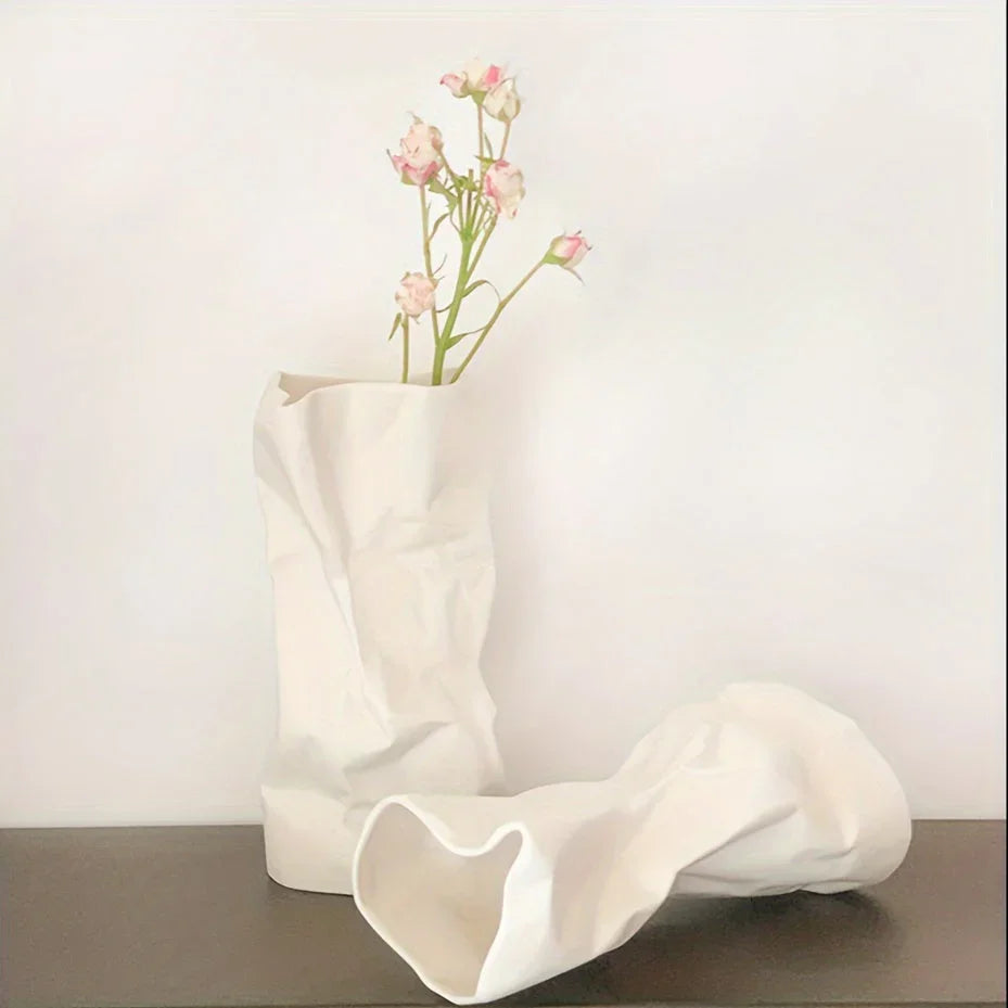 White Ceramic Pleated Vase Modern Minimalist Home Decor, back view - House Of Avana [[SKU:HOA-VAS-017]]