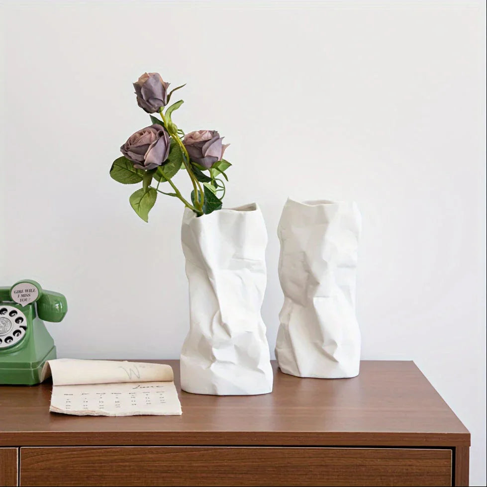 White Ceramic Pleated Vase Modern Minimalist Home Decor, side view - House Of Avana
