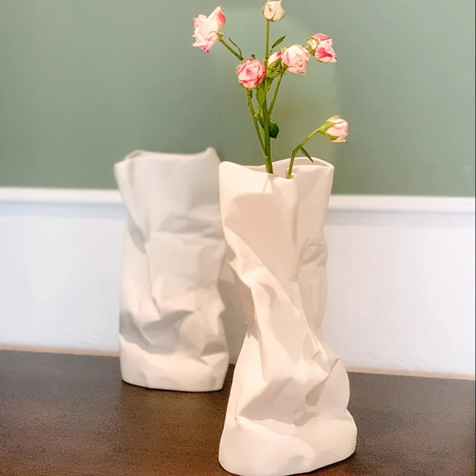 White Ceramic Pleated Vase Modern Minimalist Home Decor, lifestyle image - House Of Avana [[SKU:HOA-VAS-017]]