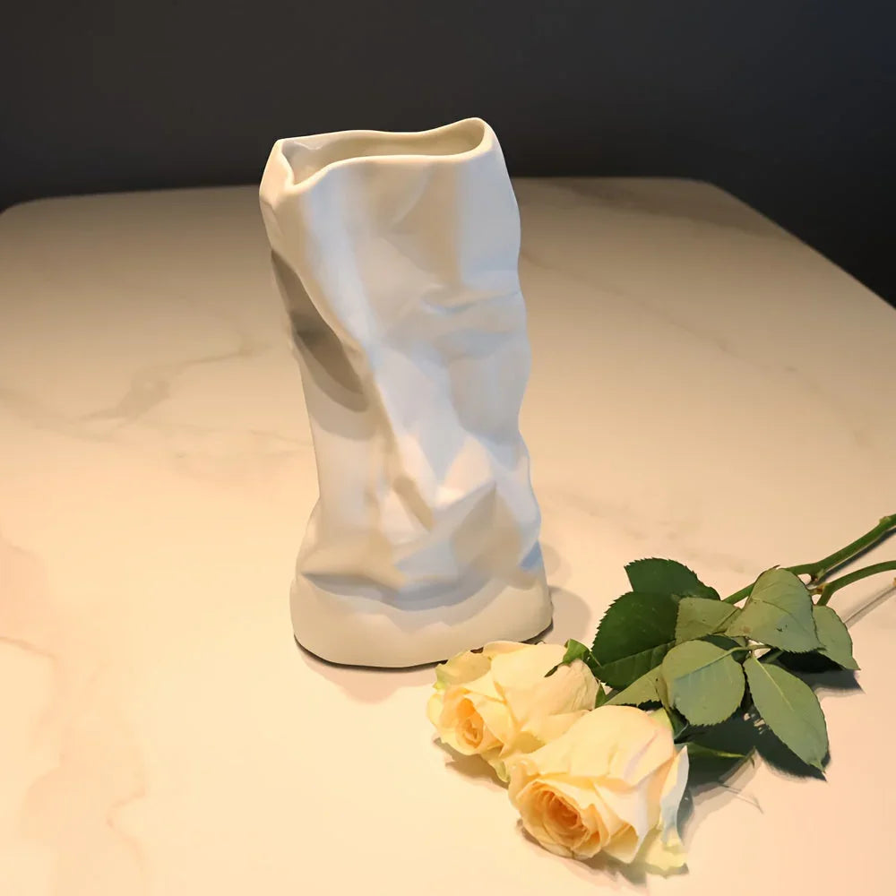 White Ceramic Pleated Vase Modern Minimalist Home Decor, angled view - House Of Avana [[SKU:HOA-VAS-017]]