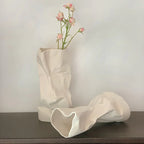 White Ceramic Pleated Vase Modern Minimalist Home Decor, front view - House Of Avana