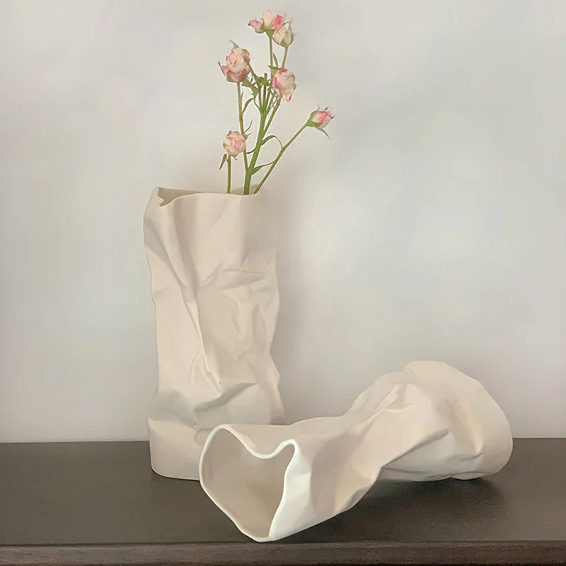 White Ceramic Pleated Vase Modern Minimalist Home Decor, front view - House Of Avana