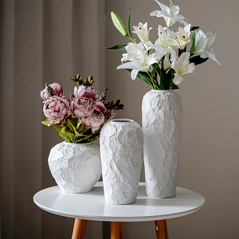 Ceramic Vase with Stone Pattern, White Geometric Floral Design, back view - House Of Avana