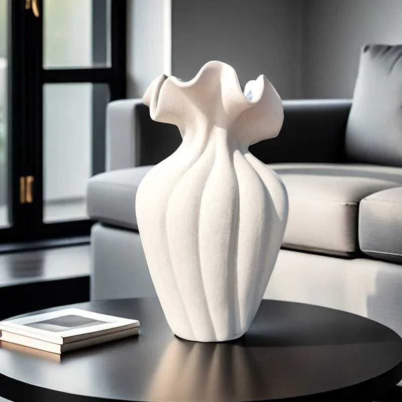 Ceramic Vase 20cm with Striped Skirt Element Design, in-use display - House Of Avana [[SKU:HOA-VAS-405]]