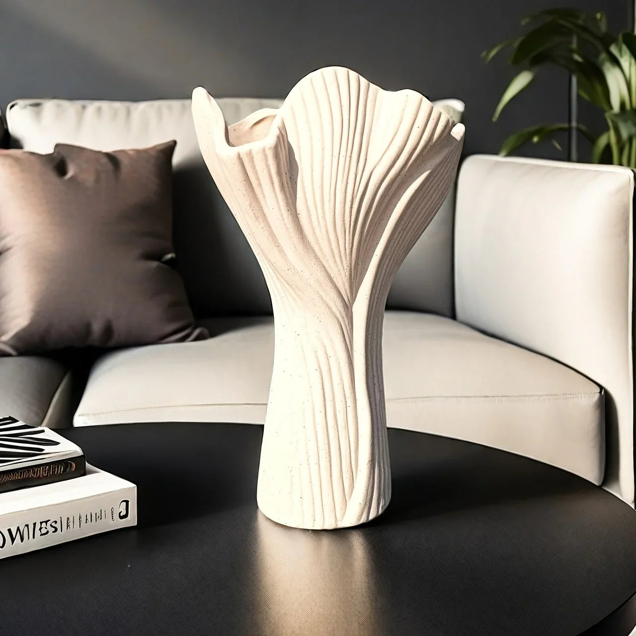Ceramic Vase with Textured Ridges for Hydroponic Flowers, close-up view - House Of Avana