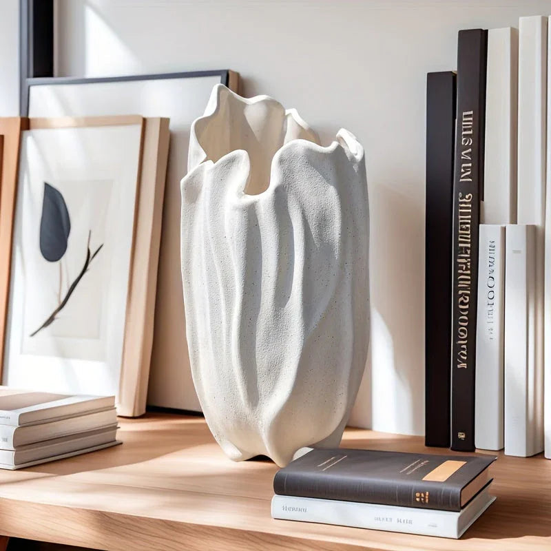 Ceramic Vase with Textured Surface, Elegant Floral Design for Home Decor, angled view - House Of Avana [[SKU:HOA-VAS-012]]