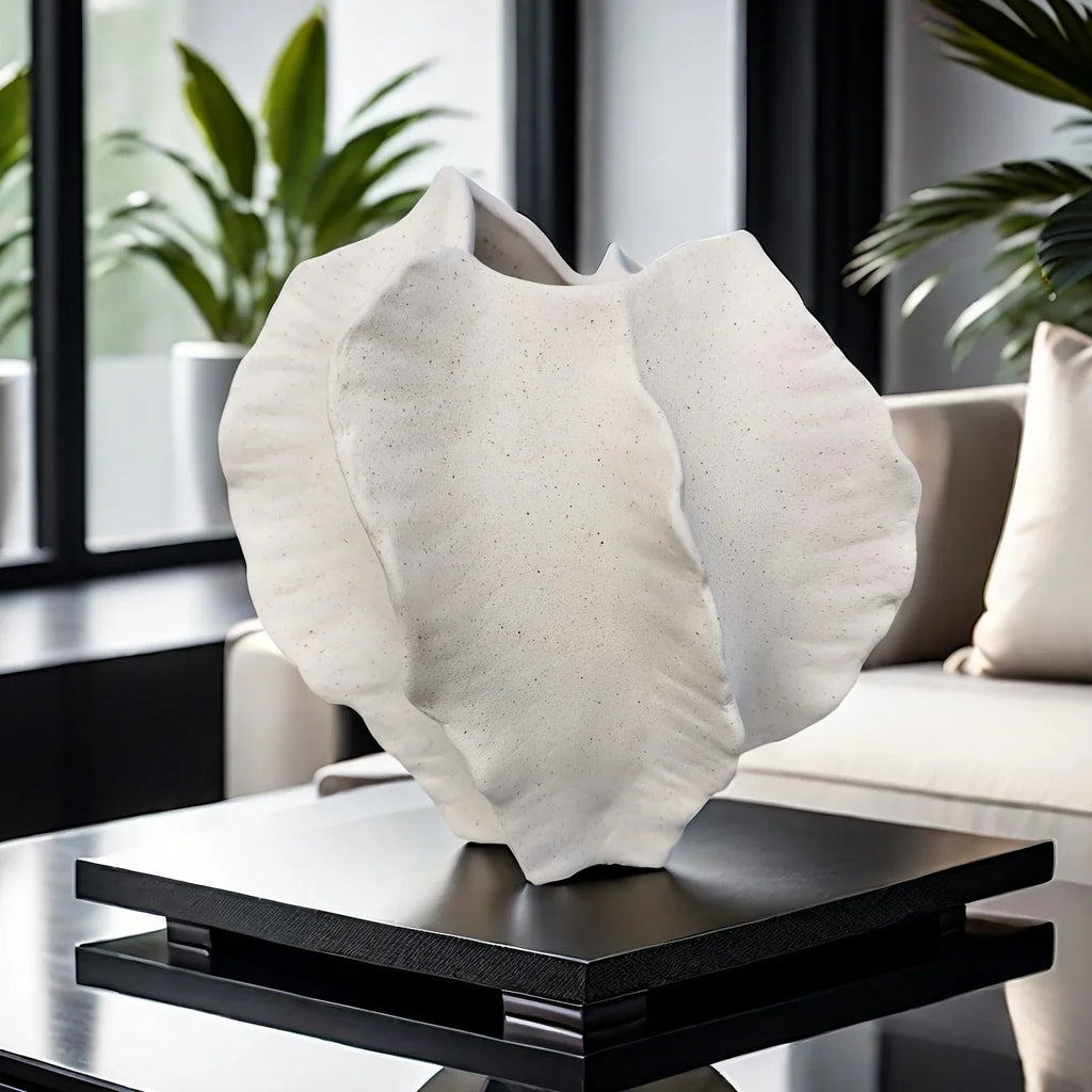 Beige Ceramic Vase with Textured Art Design and Smooth Interior, back view - House Of Avana