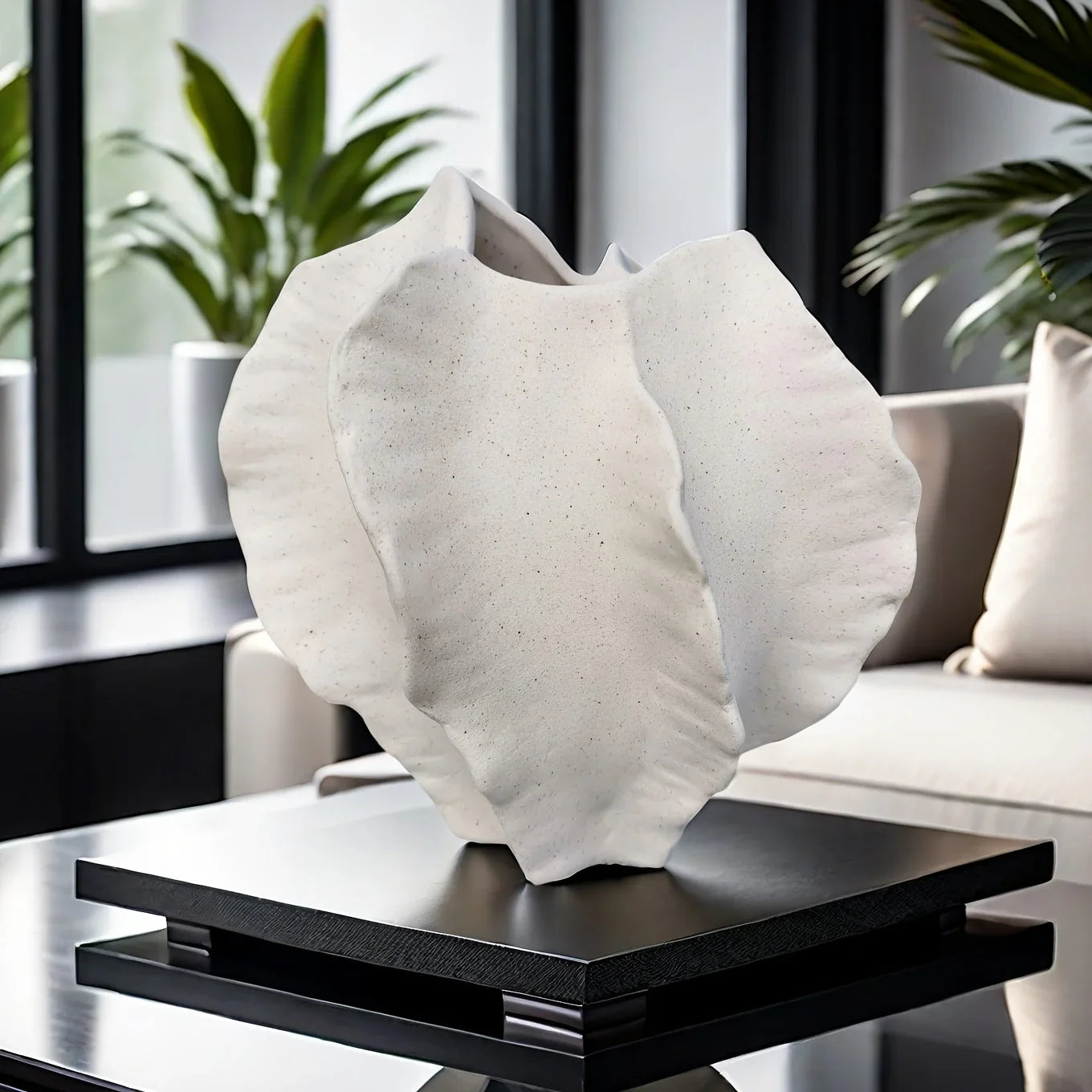 Beige Ceramic Vase with Textured Art Design and Smooth Interior, back view - House Of Avana