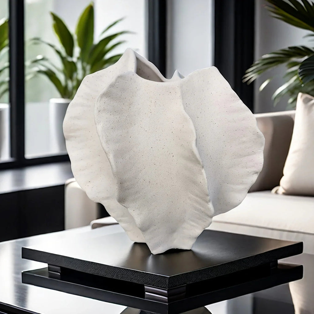 Beige Ceramic Vase with Textured Art Design and Smooth Interior, back view - House Of Avana [[SKU:HOA-VAS-018]]