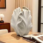 Ceramic White Oval Vase with Textured Leaf Design, back view - House Of Avana
