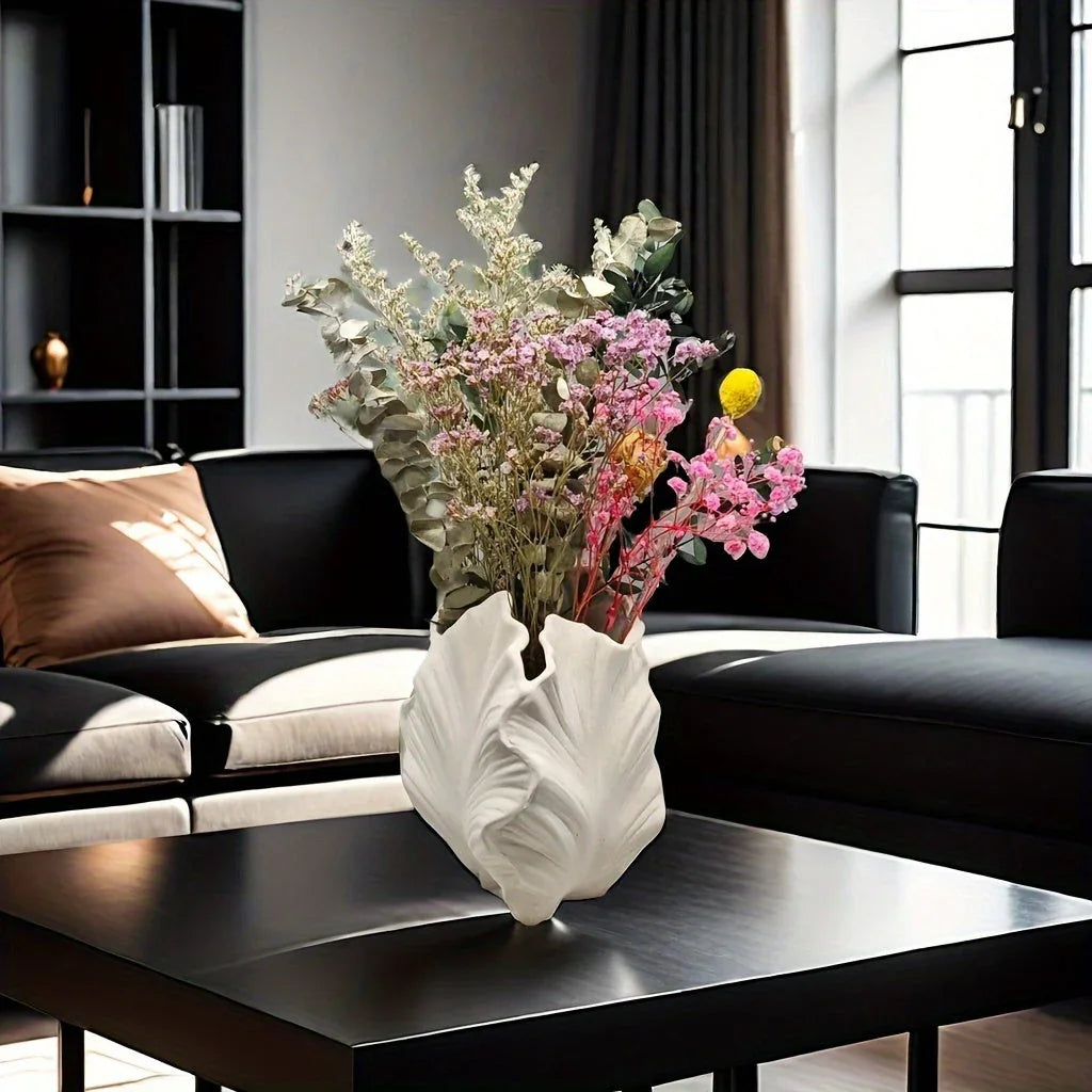 Ceramic White Oval Vase with Textured Leaf Design, lifestyle image - House Of Avana [[SKU:HOA-VAS-010]]