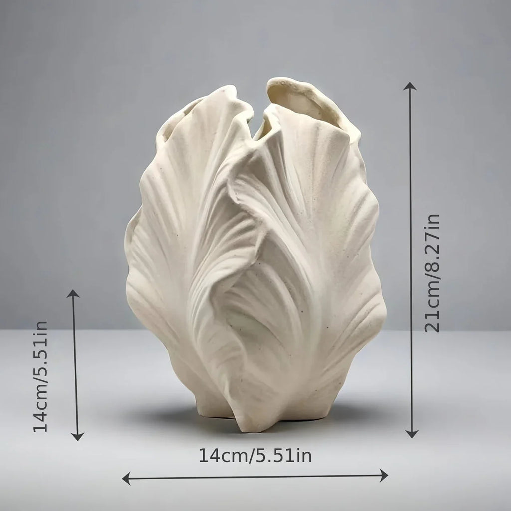 Ceramic White Oval Vase with Textured Leaf Design, angled view - House Of Avana