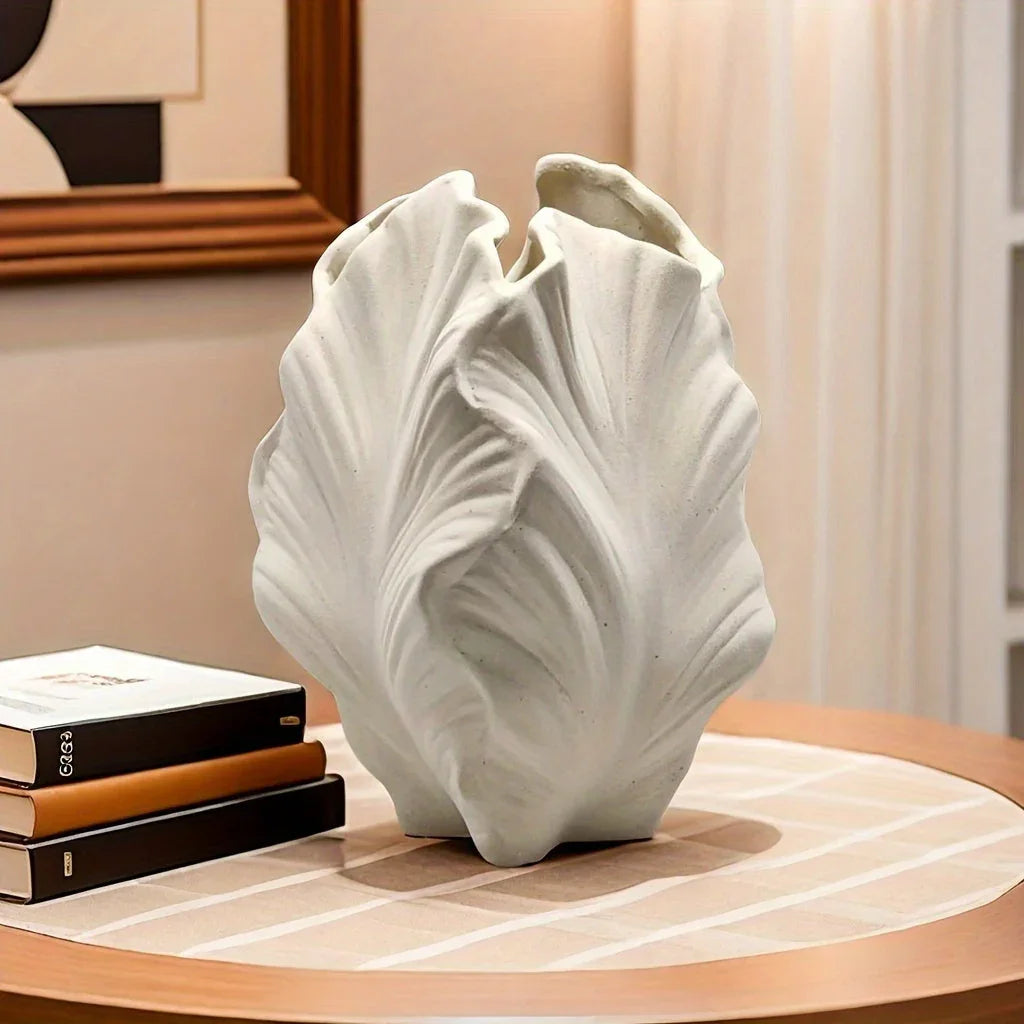 Ceramic White Oval Vase with Textured Leaf Design, front view - House Of Avana