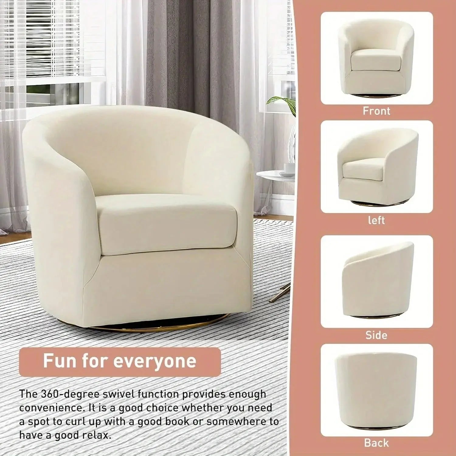 Velvet Swivel Accent Chair with Golden Metal Base, side view - House Of Avana