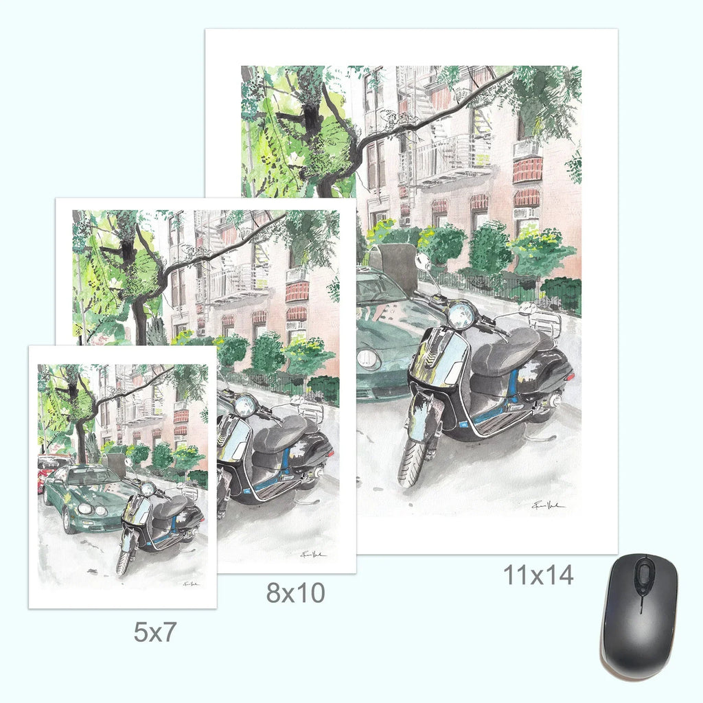 Vespa Scooter and Toyota Celica, Classic Car, Street Scene, Print, detail shot - House Of Avana