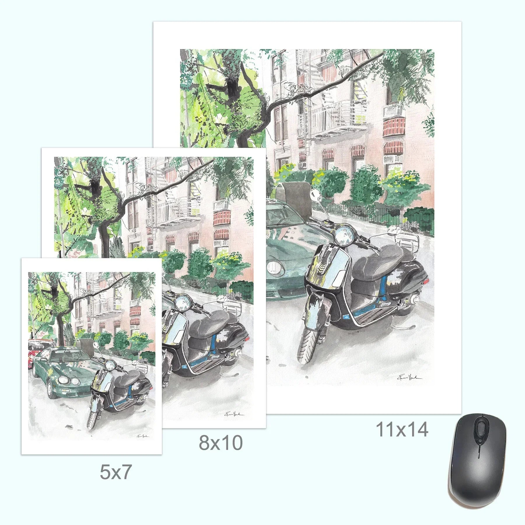 Vespa Scooter and Toyota Celica, Classic Car, Street Scene, Print, detail shot - House Of Avana