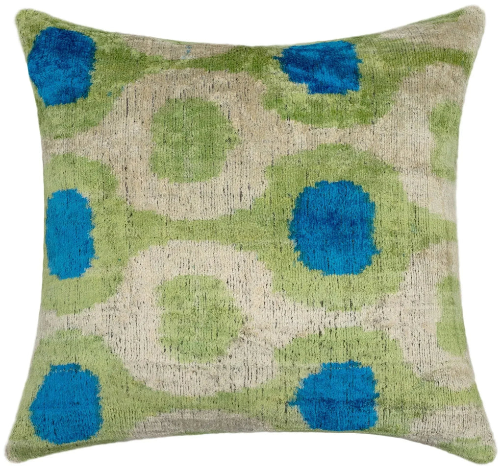 Vibrant 16x16 Handmade Ikat Silk Velvet Pillow with Premium Down Feather Insert by Canvello – Lively Green and Blue Hues Canvello