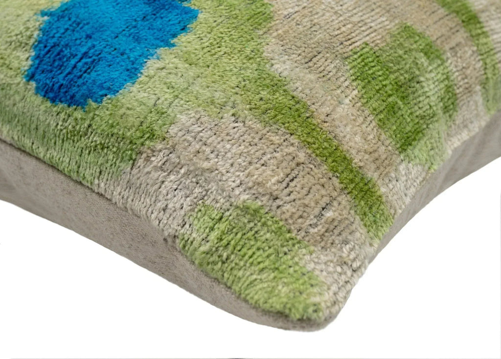 Vibrant 16x16 Handmade Ikat Silk Velvet Pillow with Premium Down Feather Insert by Canvello – Lively Green and Blue Hues Canvello