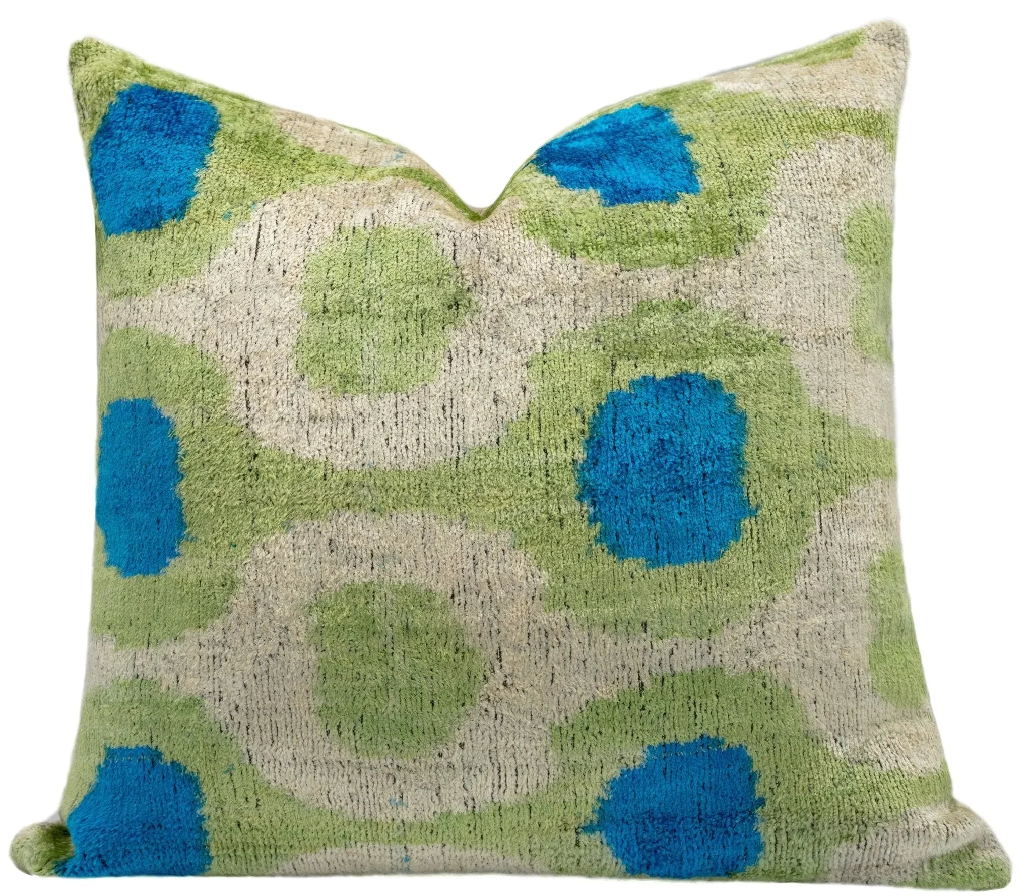 Vibrant 16x16 Handmade Ikat Silk Velvet Pillow with Premium Down Feather Insert by Canvello – Lively Green and Blue Hues Canvello