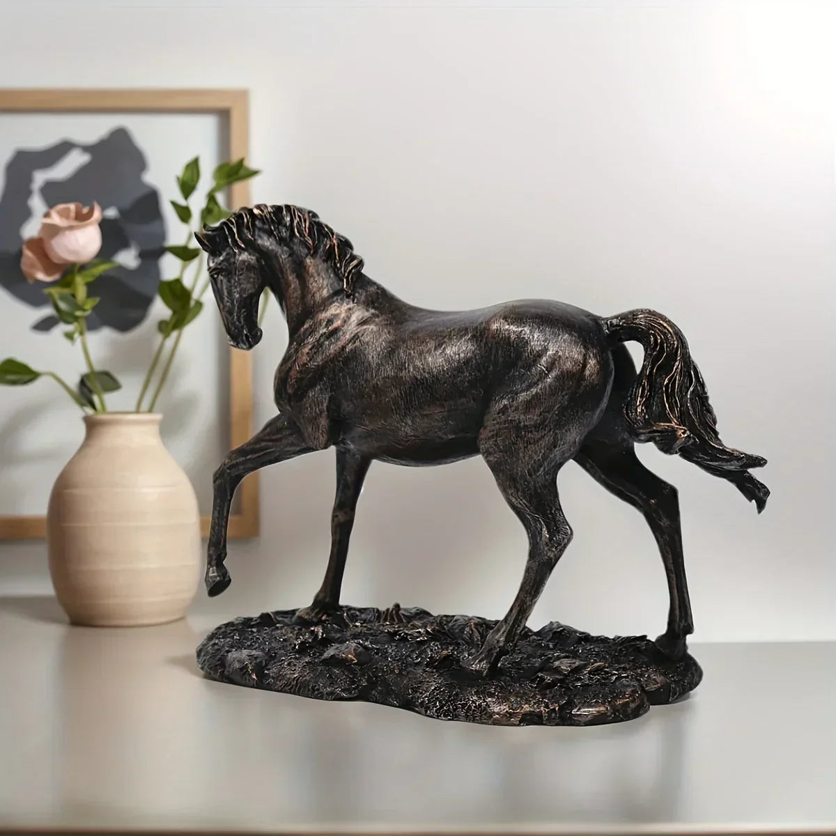 [Vintage Horse Sculpture] Elegant 8.26" Black Resin Horse Sculpture | Vintage Style Golden Accents, Multi-Use Home & Office Decor for Bookshelves, Living Room, TV Stands, Animal Collectibles, Gift Ideas, Office Desk Decoratio House Of Avana