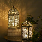 Metal Moroccan candlesticks in gold finish, intricate design - House of Avana