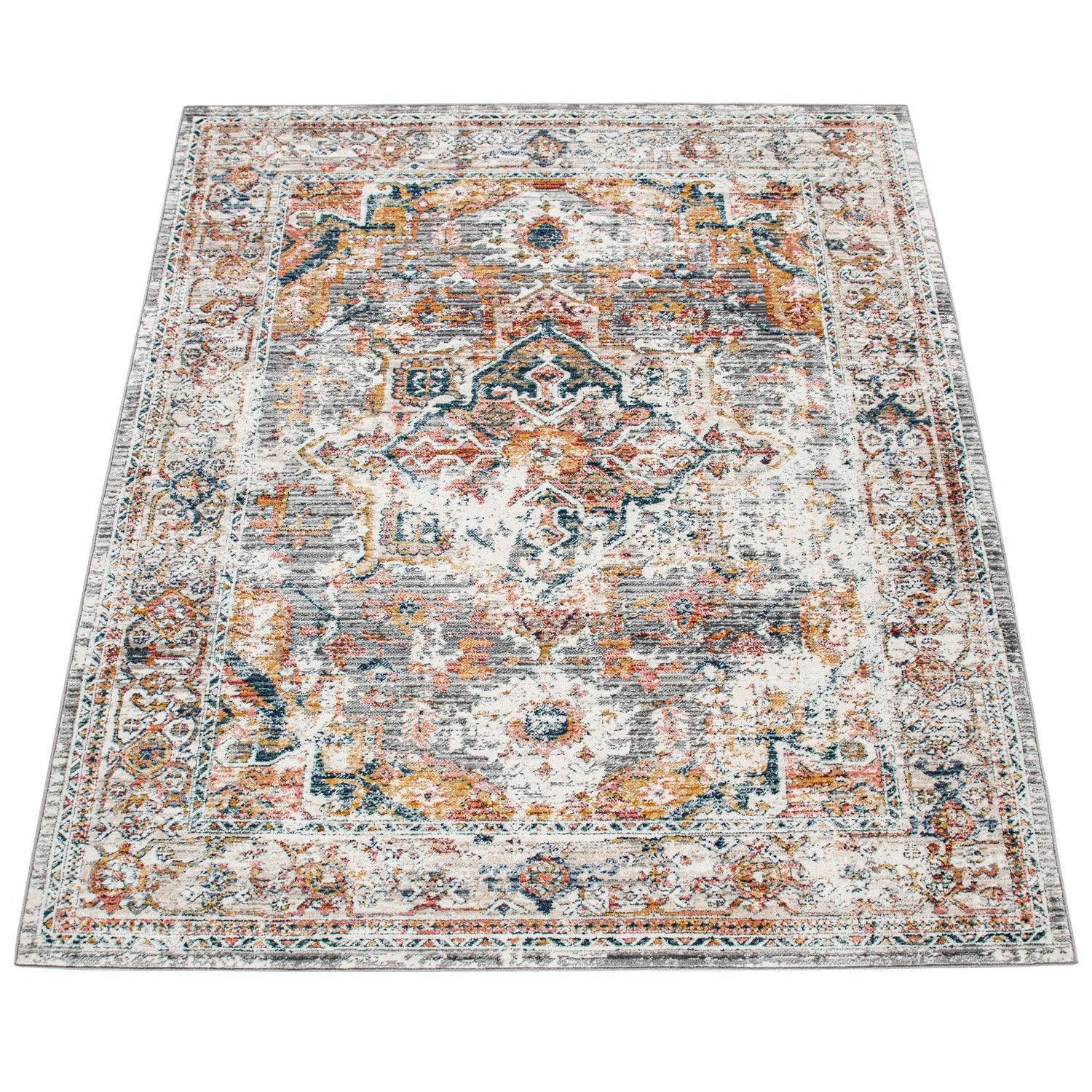 Vintage Rug Oriental Ornaments Border Cream Grey Orange RugYourHome