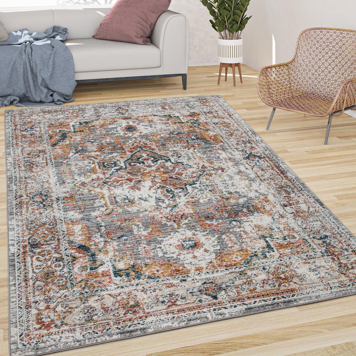 Vintage Rug Oriental Ornaments Border Cream Grey Orange RugYourHome