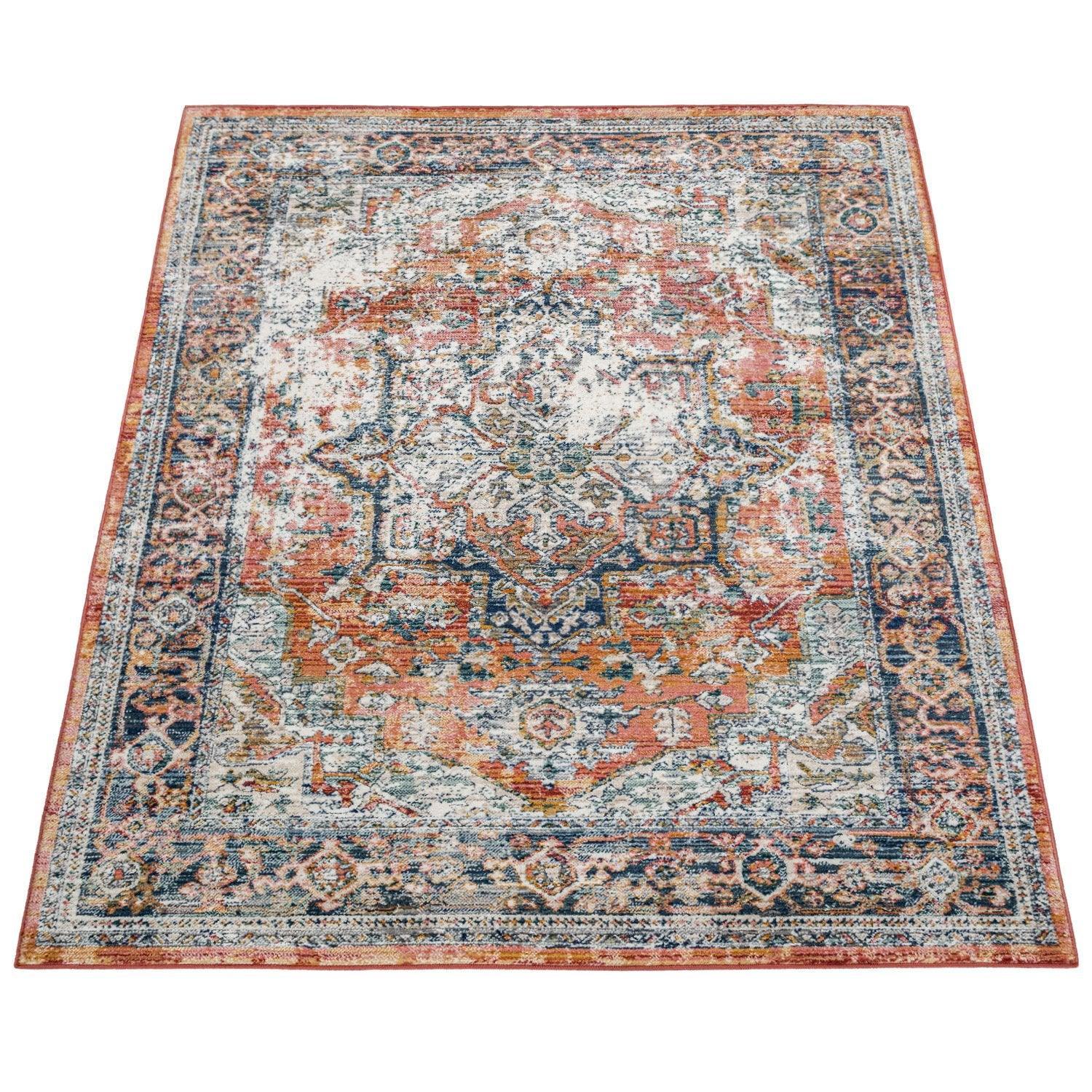 Vintage Rug Oriental Ornaments Border Red Blue Grey, back view - House Of Avana