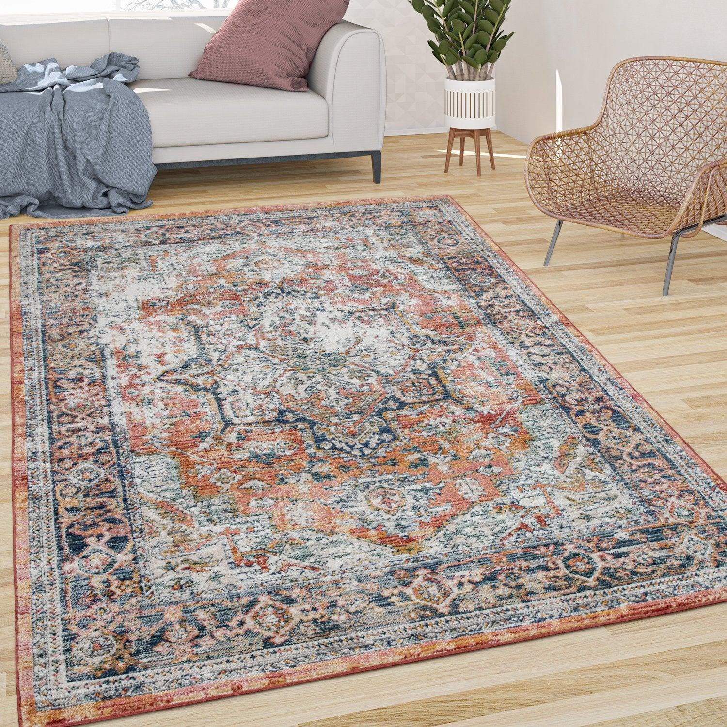 Vintage Rug Oriental Ornaments Border Red Blue Grey, front view - House Of Avana
