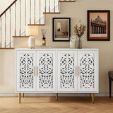 White cabinet with decorative patterns in a room with a staircase and wall art.