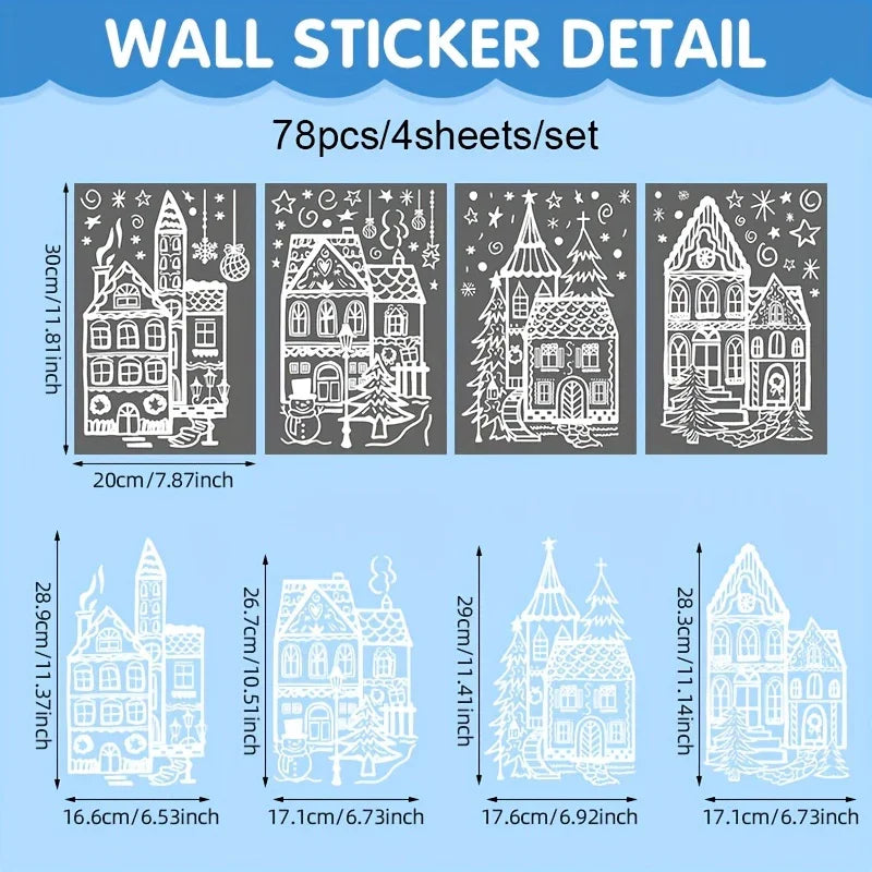 4 Sheets Christmas Window Stickers - Snowhouse & Snowflake Designs, Reusable Plastic Holiday Decorations for Glass Surfaces, Semi-Matte Finish, Perfect for Festive Party Decor, Christmas Decorations, Christmas Window Cling, C House Of Avana [[SKU:HOA-XMS-028]]