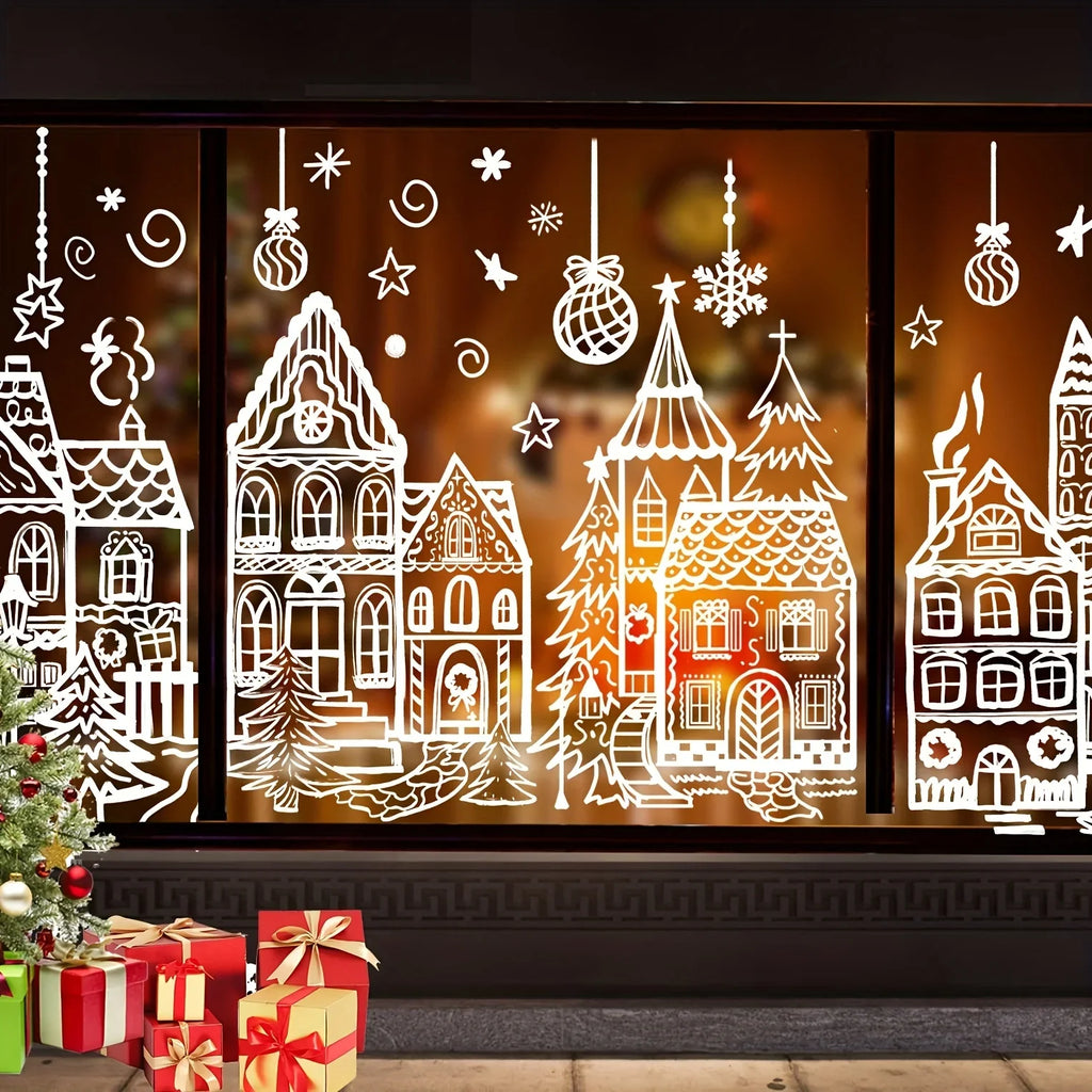 4 Sheets Christmas Window Stickers - Snowhouse & Snowflake Designs, Reusable Plastic Holiday Decorations for Glass Surfaces, Semi-Matte Finish, Perfect for Festive Party Decor, Christmas Decorations, Christmas Window Cling, C House Of Avana