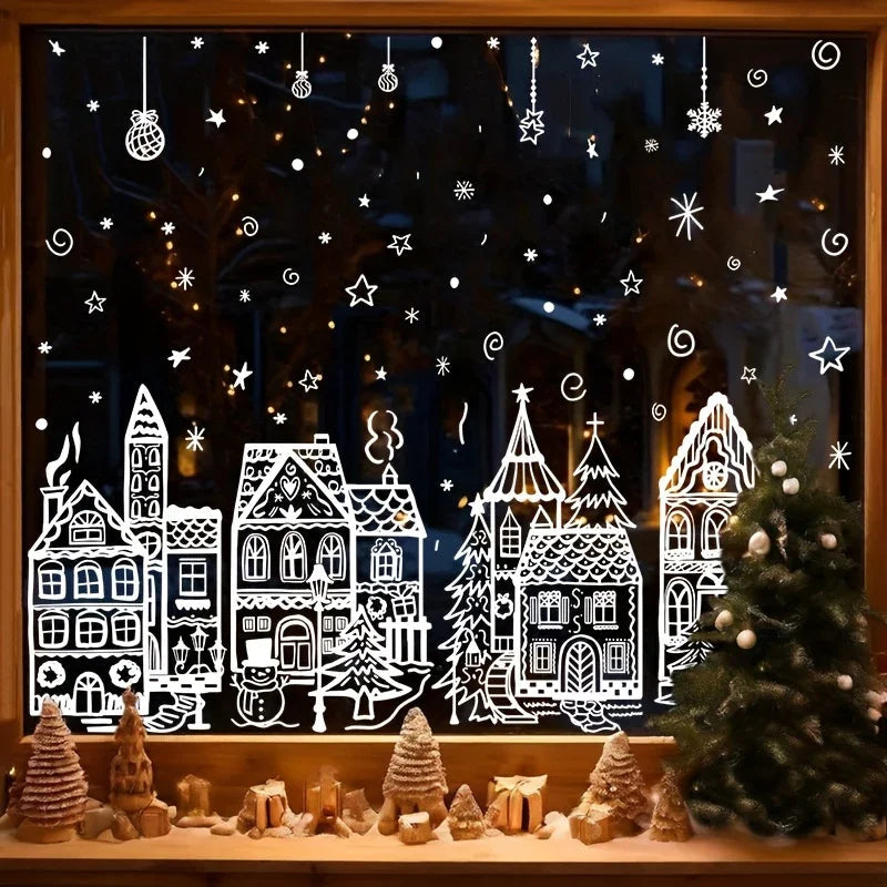 4 Sheets Christmas Window Stickers - Snowhouse & Snowflake Designs, Reusable Plastic Holiday Decorations for Glass Surfaces, Semi-Matte Finish, Perfect for Festive Party Decor, Christmas Decorations, Christmas Window Cling, C House Of Avana [[SKU:HOA-XMS-028]]