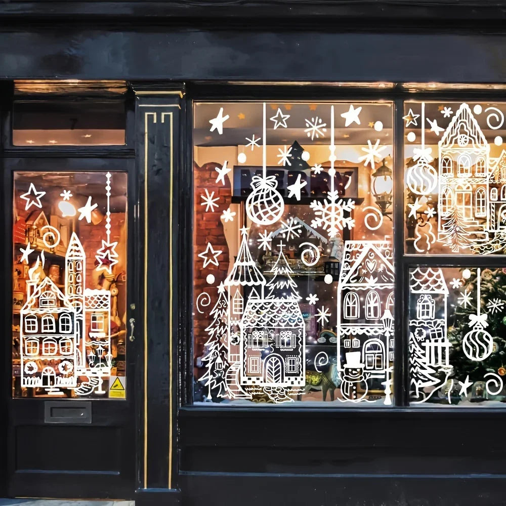 4 Sheets Christmas Window Stickers - Snowhouse & Snowflake Designs, Reusable Plastic Holiday Decorations for Glass Surfaces, Semi-Matte Finish, Perfect for Festive Party Decor, Christmas Decorations, Christmas Window Cling, C House Of Avana [[SKU:HOA-XMS-028]]