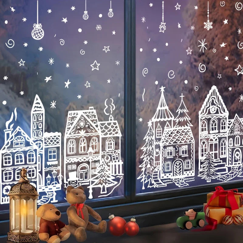 4 Sheets Christmas Window Stickers - Snowhouse & Snowflake Designs, Reusable Plastic Holiday Decorations for Glass Surfaces, Semi-Matte Finish, Perfect for Festive Party Decor, Christmas Decorations, Christmas Window Cling, C House Of Avana [[SKU:HOA-XMS-028]]