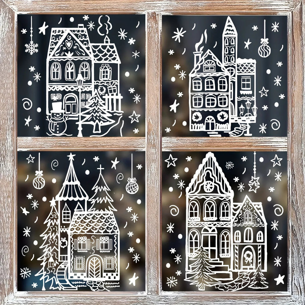 4 Sheets Christmas Window Stickers - Snowhouse & Snowflake Designs, Reusable Plastic Holiday Decorations for Glass Surfaces, Semi-Matte Finish, Perfect for Festive Party Decor, Christmas Decorations, Christmas Window Cling, C House Of Avana [[SKU:HOA-XMS-028]]