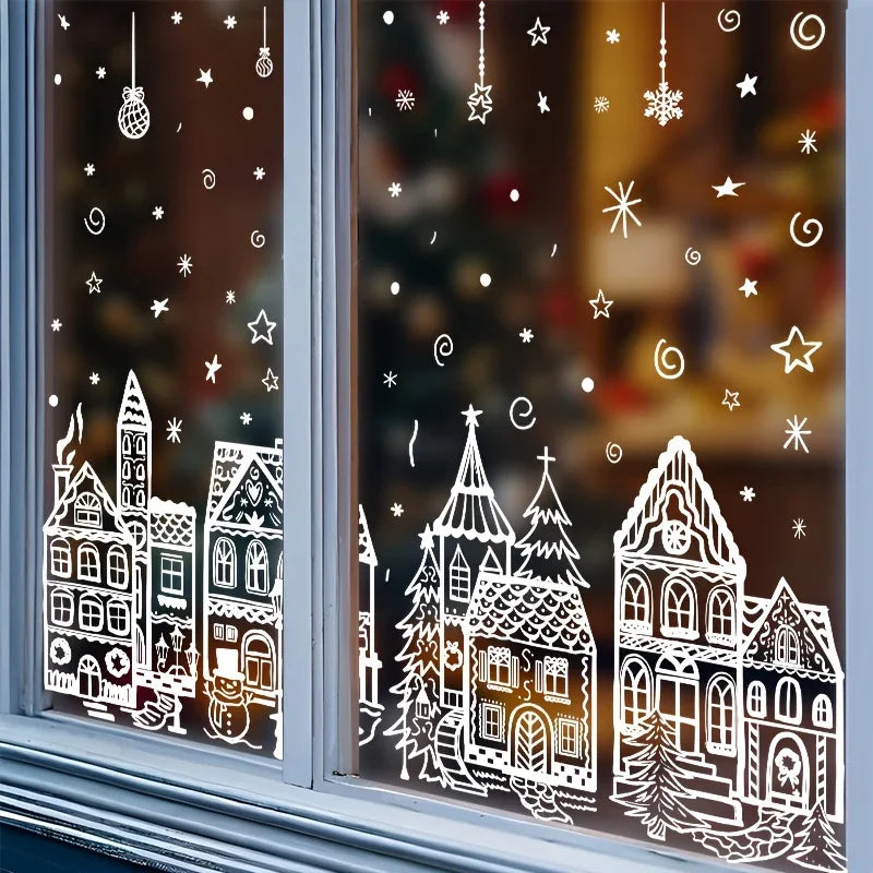 4 Sheets Christmas Window Stickers - Snowhouse & Snowflake Designs, Reusable Plastic Holiday Decorations for Glass Surfaces, Semi-Matte Finish, Perfect for Festive Party Decor, Christmas Decorations, Christmas Window Cling, C House Of Avana [[SKU:HOA-XMS-028]]