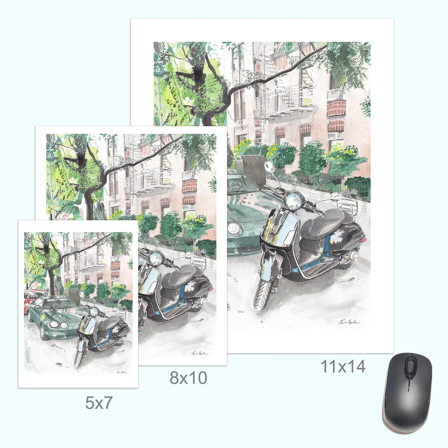 Vespa Scooter and Toyota Celica, Classic Car, Street Scene, Print