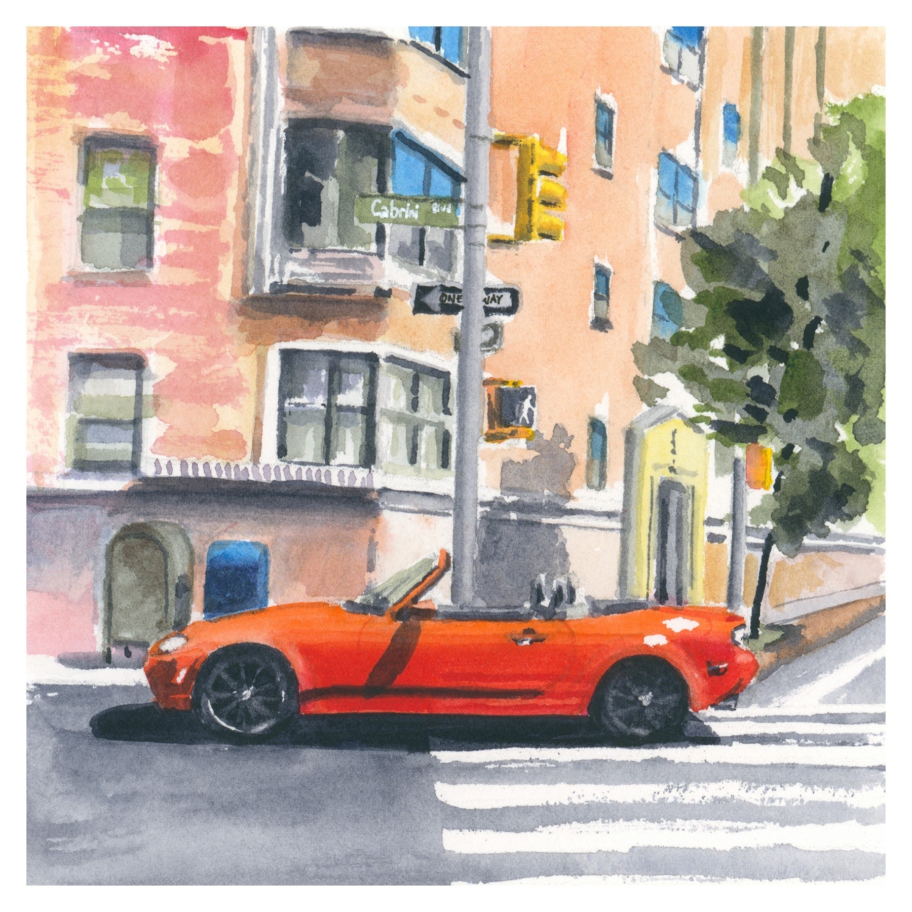 Red Mazda Miata in Intersection, NYC, watercolor painting
