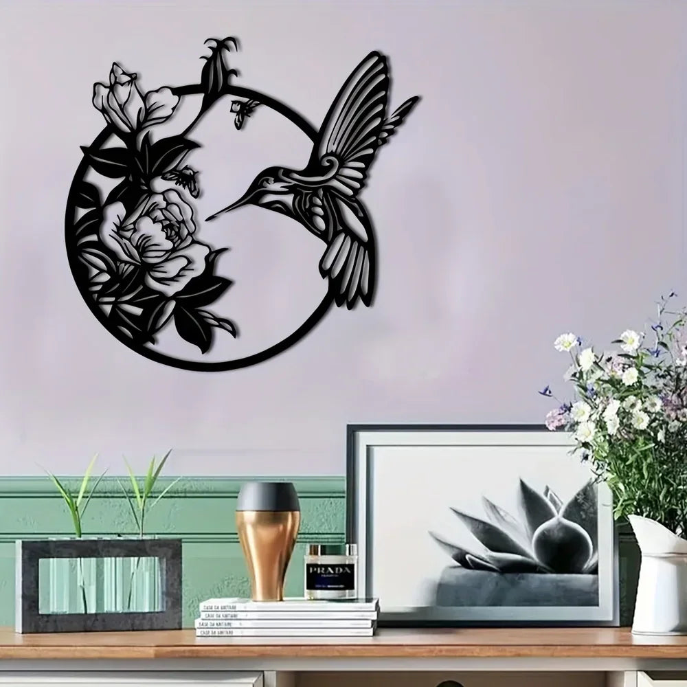 Circular Hummingbird Wall Art Decor, angled view - House Of Avana