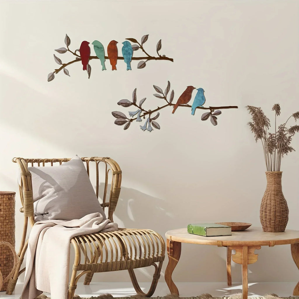 Transverse Metal Birds Wall Art - Vivid Colorful Birds on Branch with Hanging Leaves, Rustic Outdoor... - House Of Avana