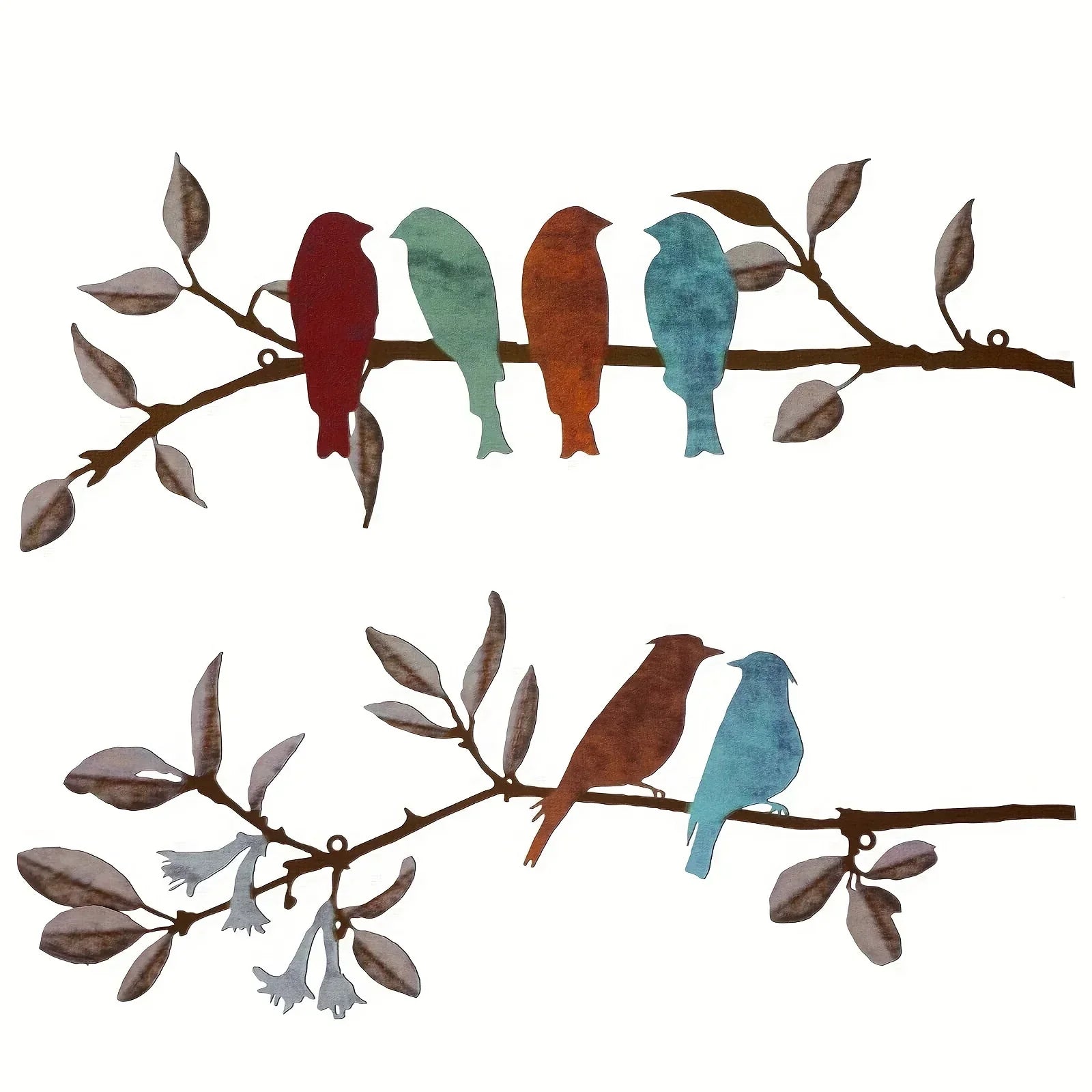 Transverse Metal Birds Wall Art - Vivid Colorful Birds on Branch with Hanging Leaves, Rustic Outdoor... - House Of Avana