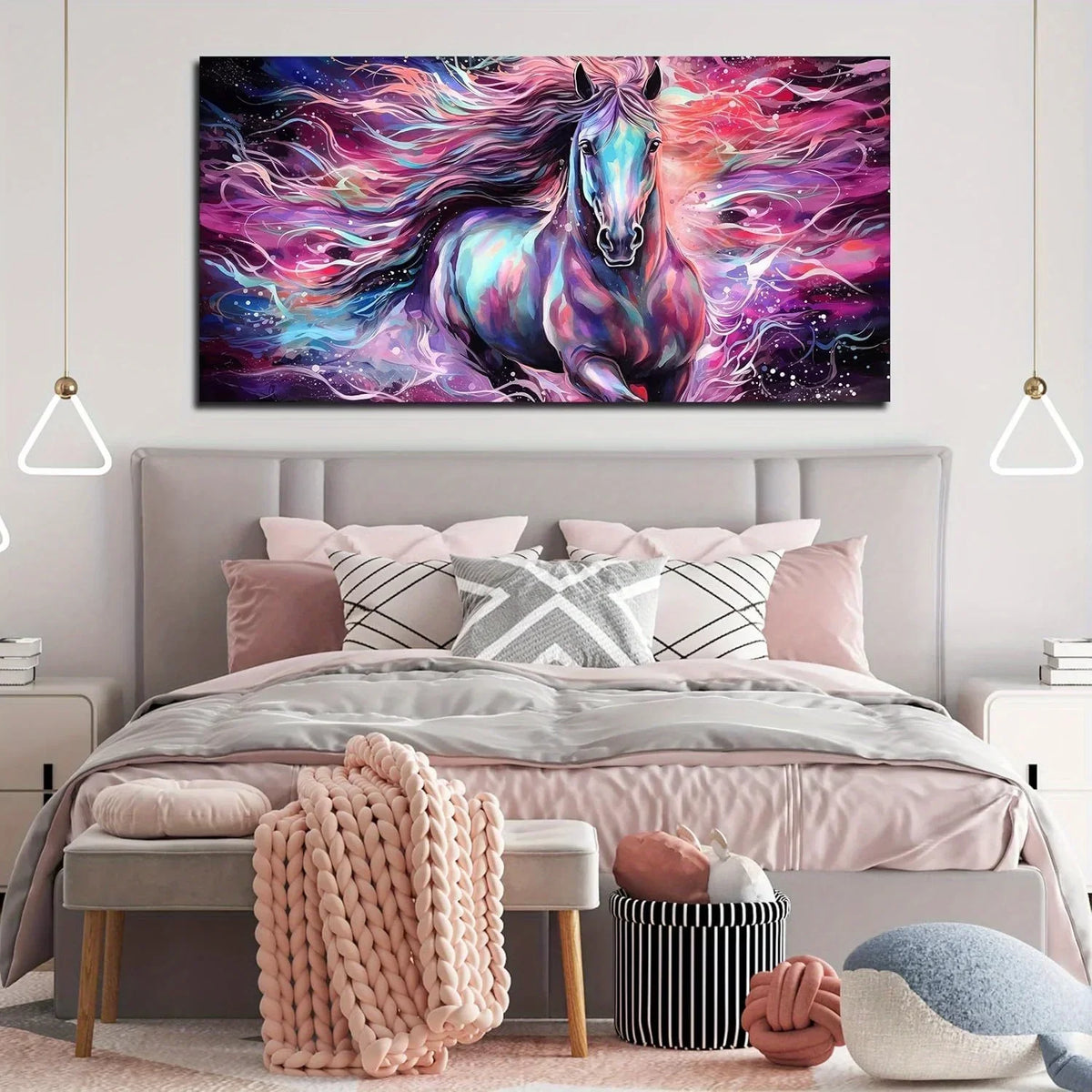 Horse Wall Art for Living Room, Colorful Canvas Wall-Art for Bedroom, Purple Animal Print Paingtings Wooden Frame - Thickness 1.5inch - House Of Avana